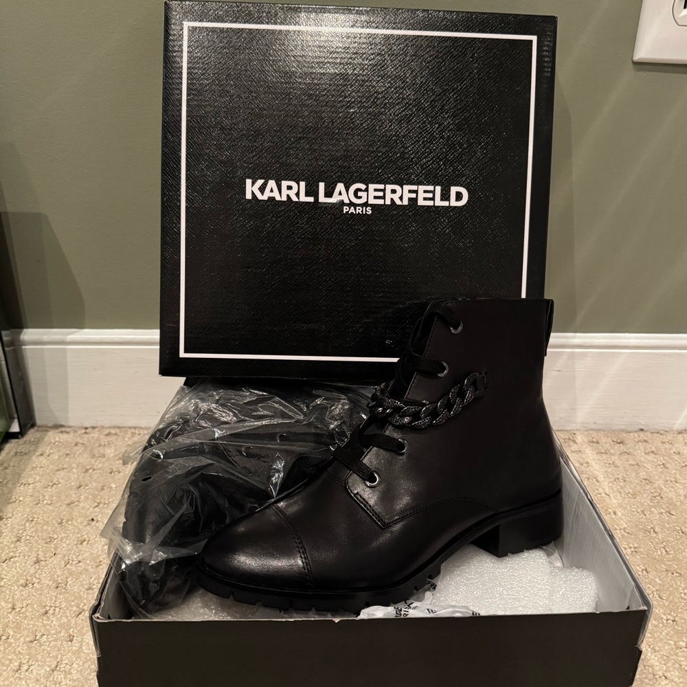 Karl Lagerfeld Black Combat Boot Rhinestone Chain, Size 7.5